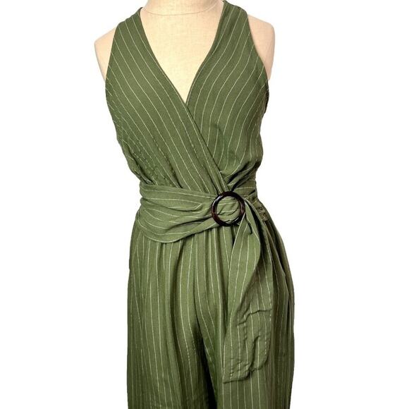Flying Tomato Jumpsuit Women's M Green Striped Belted Cross Cutout Back V-Neck - Picture 4 of 12